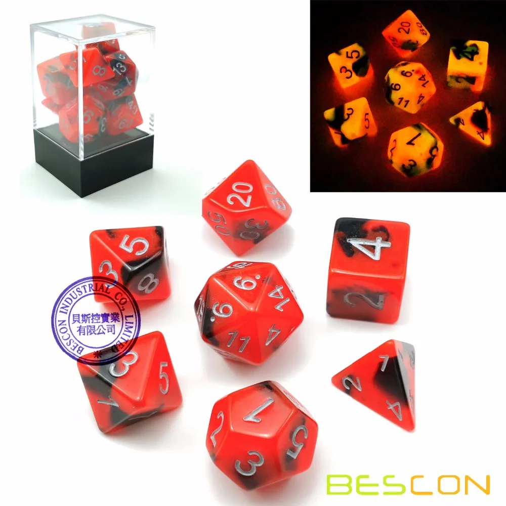 

Bescon Two-Tone Glow-in-the-Dark Polyhedral Dice Set HOT ROCKS, Luminous RPG Dice Set d4 d6 d8 d10 d12 d20 d% Brick Box Pack