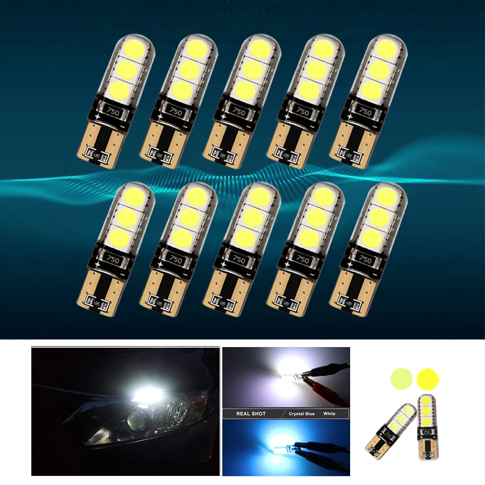 10 PCS 12V Car LED Light Bulbs T10 W5W 194 White Crystal Blue 5050 6 SMD Auto Parking Lights Interior Dome Reading Trunk Bulb