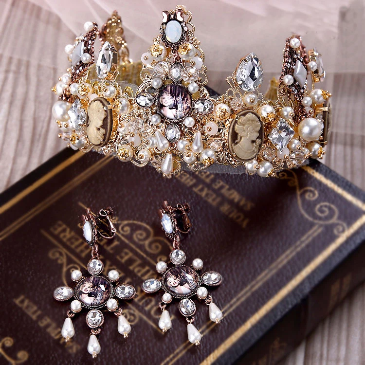 

1 pieces Bridal Gold Crown Earring hair Accessories Baroque Old Wedding Hair headband Vintage Crystal Tiaras Women Party Jewelry