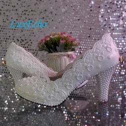 Lace flower wedding shoes woman high-heeled platform shoe white pearl crystal bow bridal shoes bridesmaid shoes women's Pumps