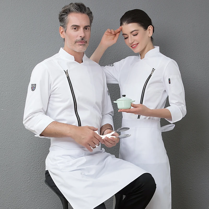 Conjunto de chaqueta y delantal con cremallera para Chef, abrigo de Chefs blanco de alta calidad, ropa de trabajo de restaurante occidental, talla grande M a 4XL