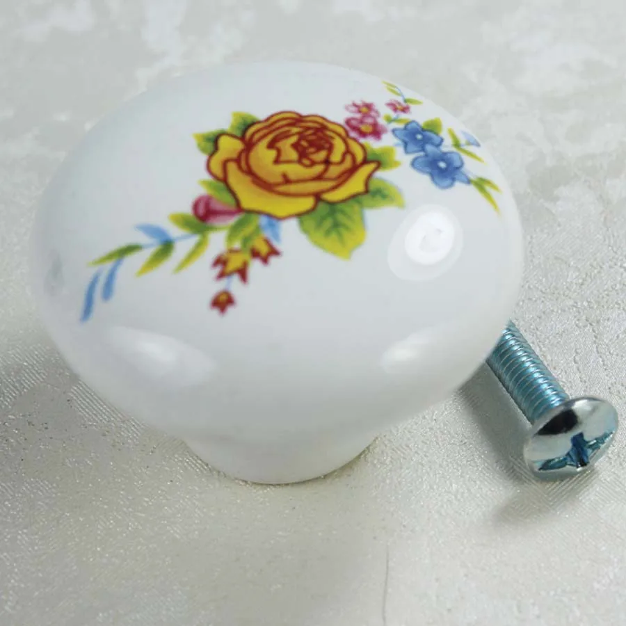 

Fashion pastorale ceramic furniture knobs white yellow porcelain drawer cabinet pulls dresser cupboard knobs rural single handle