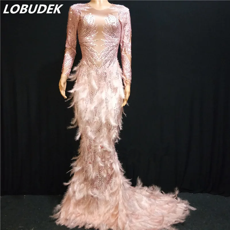 Pink Feather Bling Rhinestones Mermaid Dress Fashion Lady Singer Host Evening Performance Long Dress Model Catwalk Tail Dress