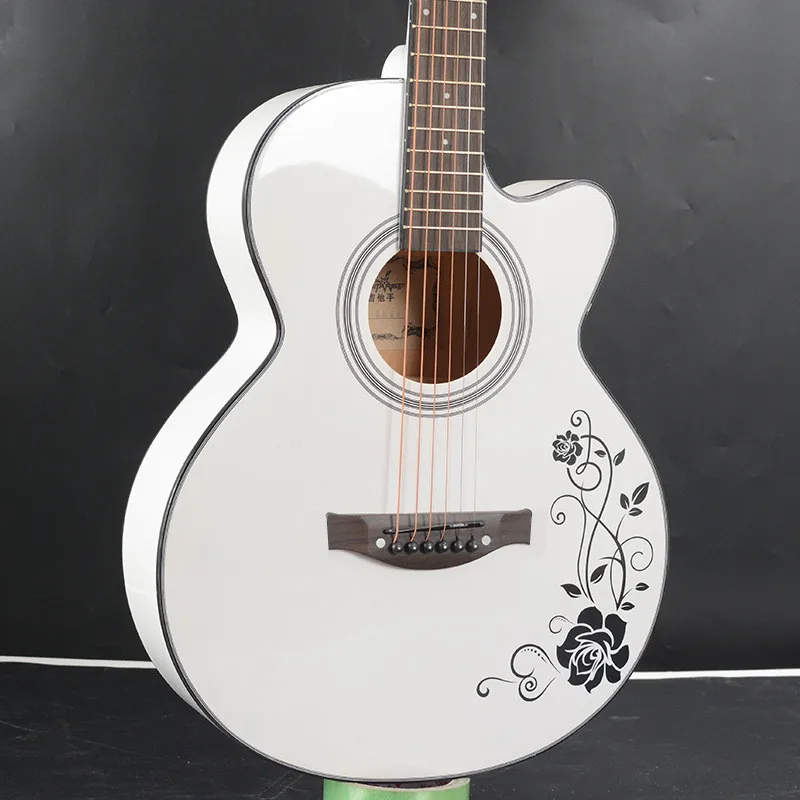 40 Zoll Weiß-Schwarze Akustikgitarre mit Holzkorpus aus Lindenholz, Griffbrett aus Palisander, inklusive Stimmgerät und Saiten – Detail 6