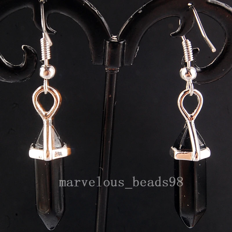 Fashion Jewelry Black Carnelian Hexagonal Pointed Reiki Chakra Bead Dangle Earring MC4155