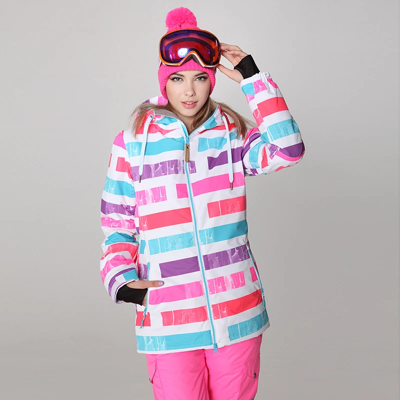 Women's Ski Jacket Female Multicolour Stripes Snowboarding Cycling Snow Tops Lady Padded Skiwear Waterproof 10K