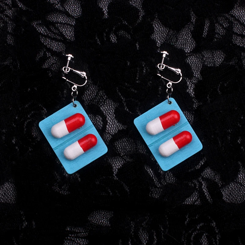 Punk rock creative wooden capsule clip on earrings for women hiphop Gothic pills medicine clip Earrings without piercing di014