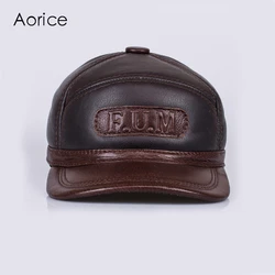 Aorice Men Genuine Leather Cowskin Adult Adjustable Hats Solid Color Brown Gorras Dad Fashion Caps HL062