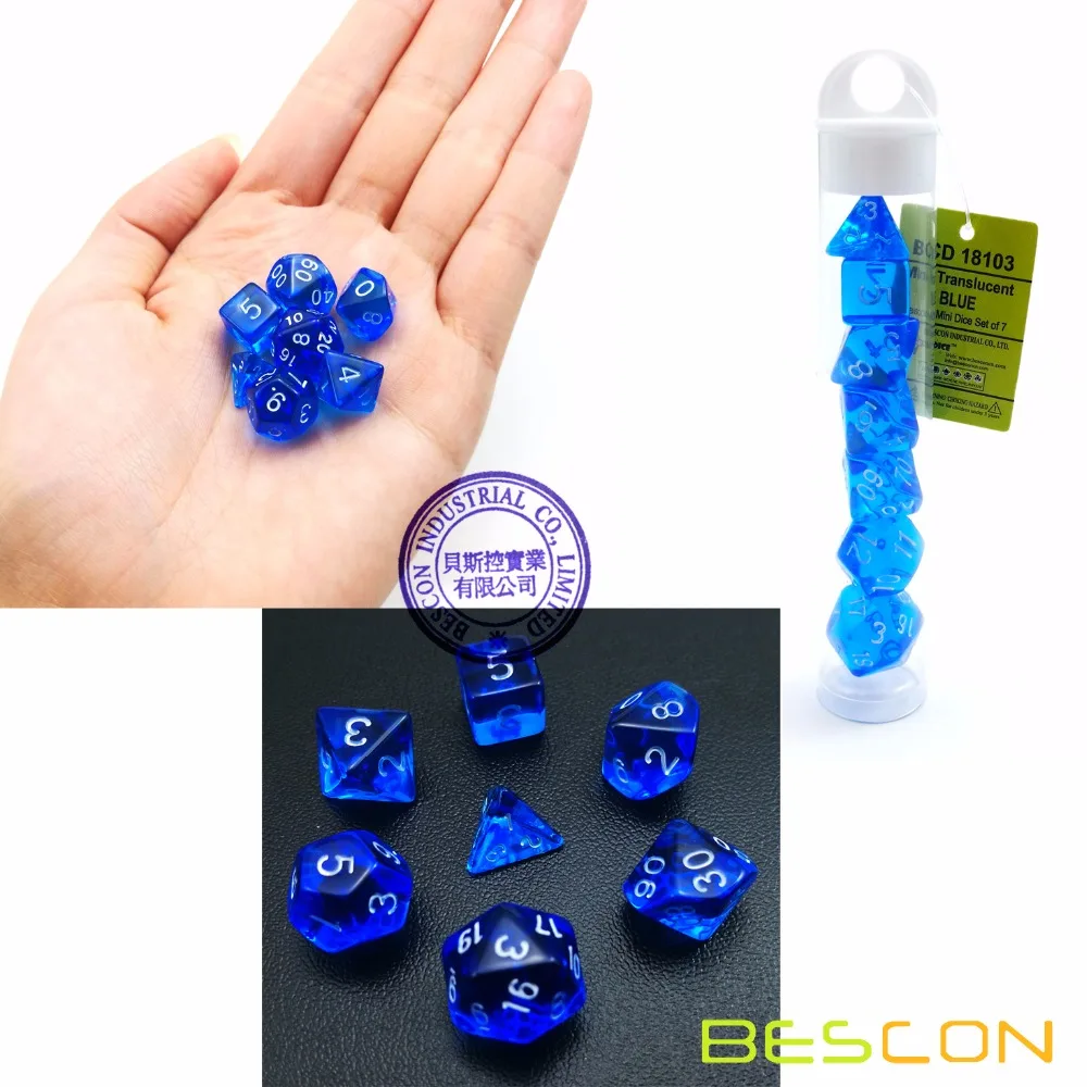 

Bescon Mini Translucent Polyhedral RPG Dice Set 10MM, Small RPG Role Playing Game Dice Set D4-D20 in Tube, Transparent Blue