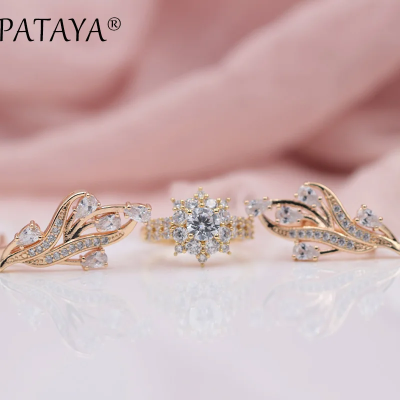 PATAYA New 585 Rose Gold Color Original Design Women Luxury Jewelry White Water Drop Leaf Natural Zircon Big Earrings Rings Sets