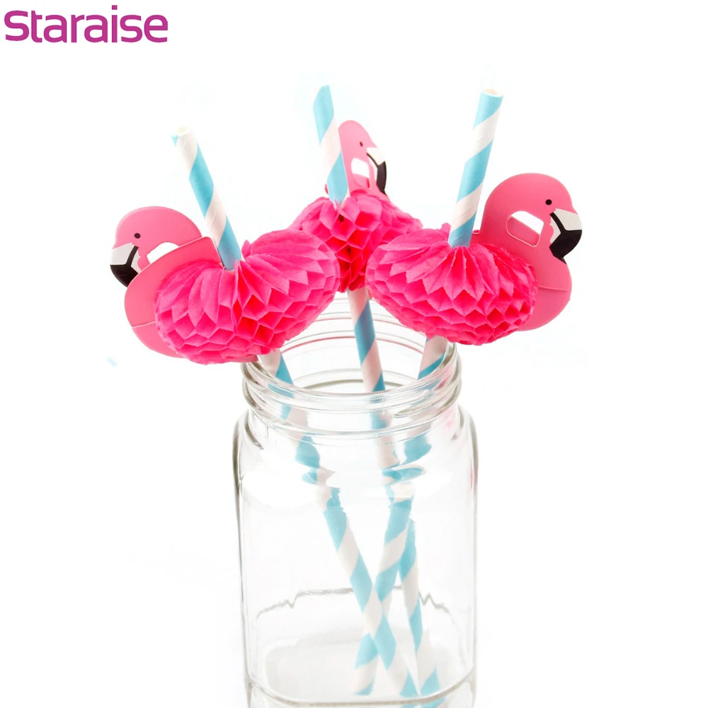 Staraise 12pc Flamingo Straws Blue Pink Hawaiian Party Decorations Birthday Wedding Paper Drinking Straws Summer Party Supplies