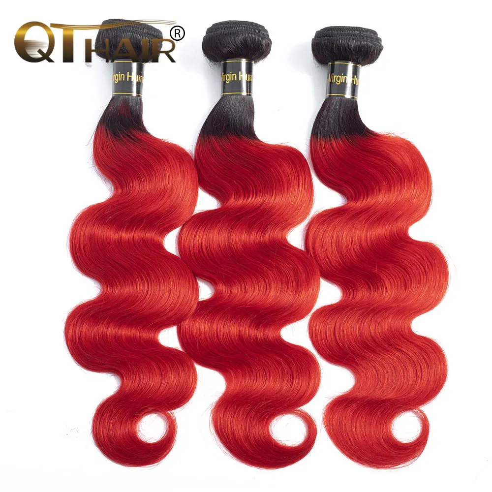 QT Hair Pre-Colored Red Ombre Malaysian Human Hair Weave Bundles T1B/Red Dark Roots Straight Ombre Brazilian Remy Hair Bundles