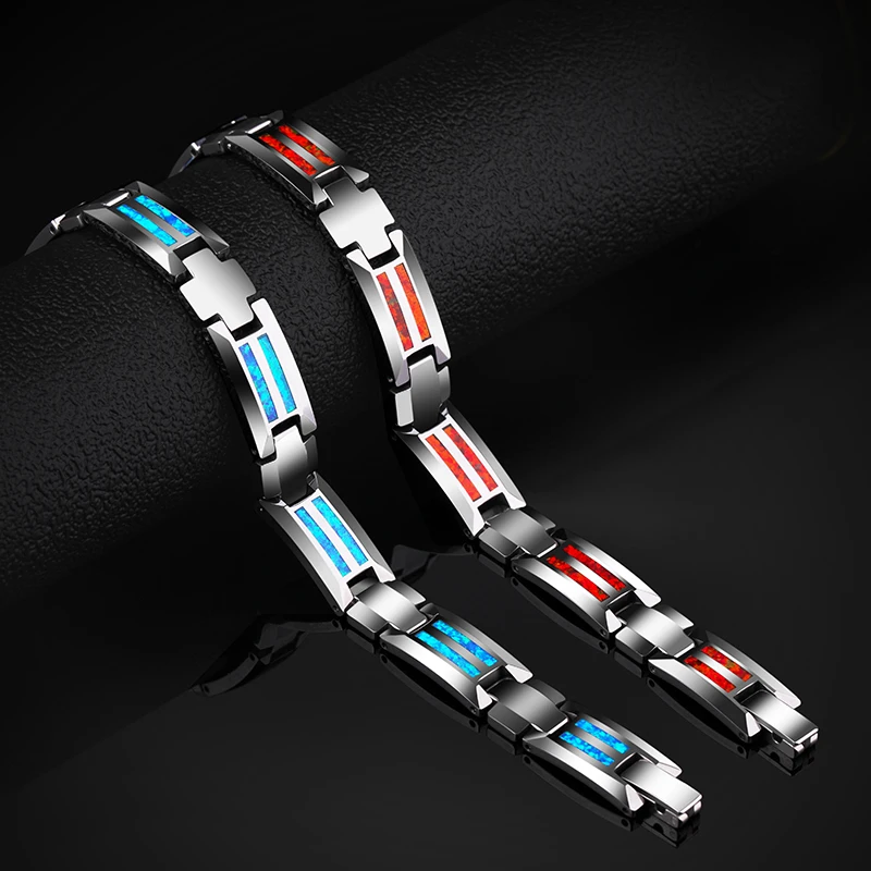 Unisex 10mm Width Tungsten Carbide Bracelets Inlay Magnet Stones and Opal Blue & Red 18.5/20cm, Customized