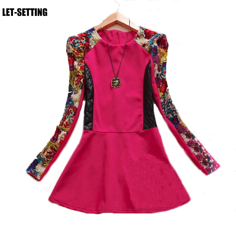 

New Fashion Autumn Winter women patchwork round neck slim woolen splice one-piece print shirt LET-SETTING