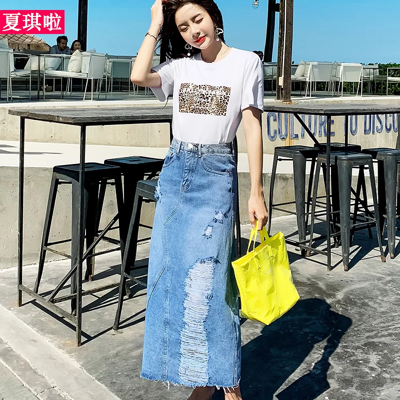 Free Shipping 2021 Fashion High Waist Long Mid-calf A-line S-2XL Denim Jeans Spring And Summer Women Skirt With holes Light Blue