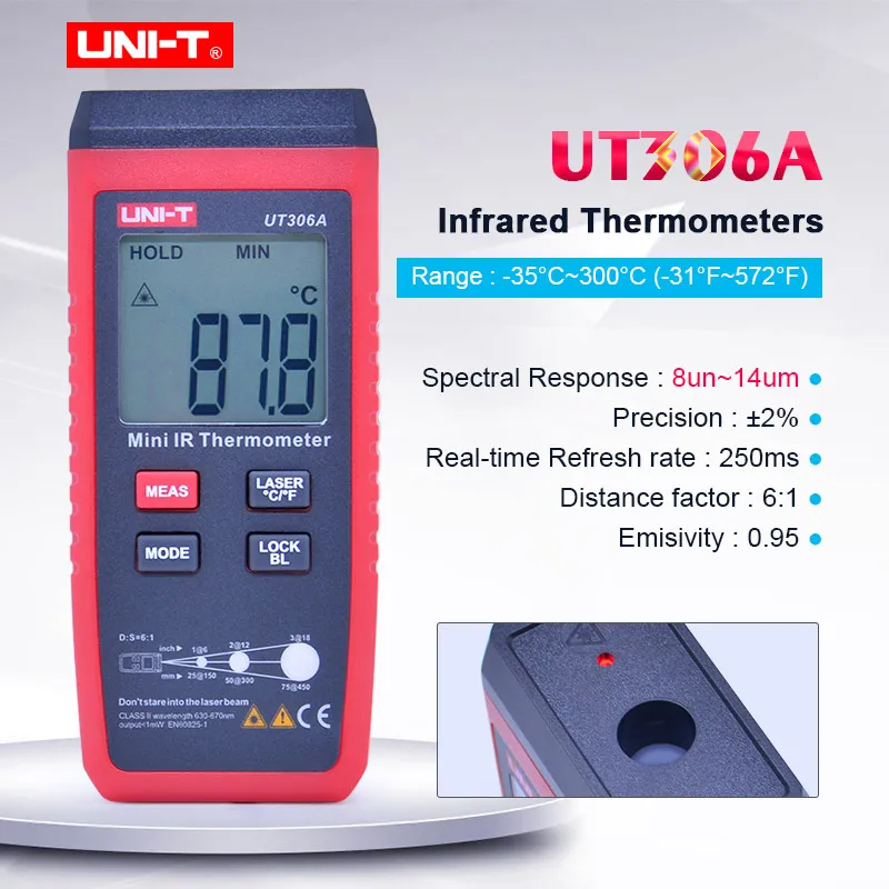 Мини Инфракрасный термометр UNI-T UT306A-35 ~ 300C -31 ~ 572F, цифровой ИК-тестер температуры с функцией хранения данных и ЖК-дисплеем с подсветкой