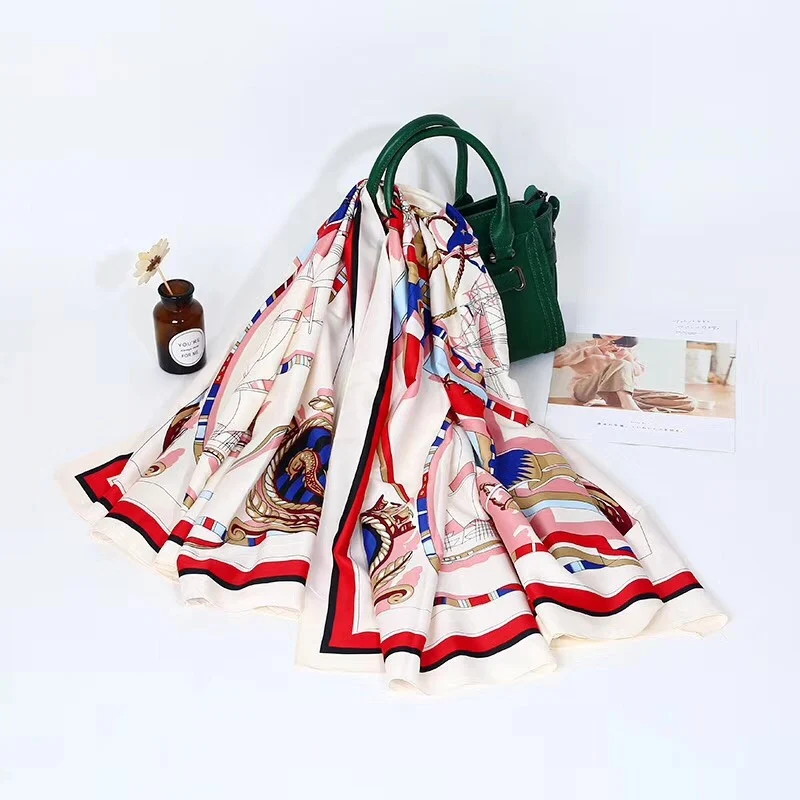 New 130x130 Fashion Silk Scarf Women Sailing sailboat Print Square Towel Scarf Soft Twill 100% Silk Spring Shawl heads