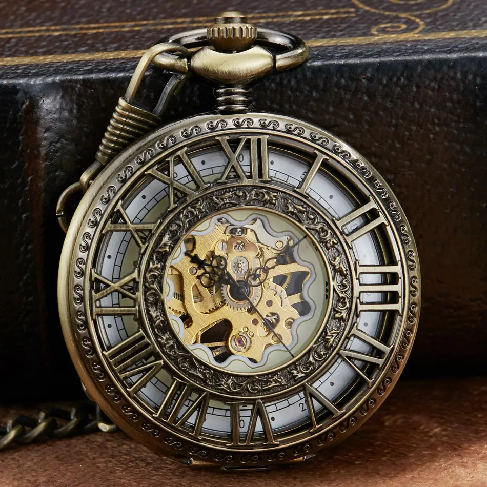 Reloj de bolsillo mecánico de esqueleto Steampunk para hombres y mujeres, marca de lujo antigua, collar de bolsillo y Fob, relojes de cadena para hombres y mujeres