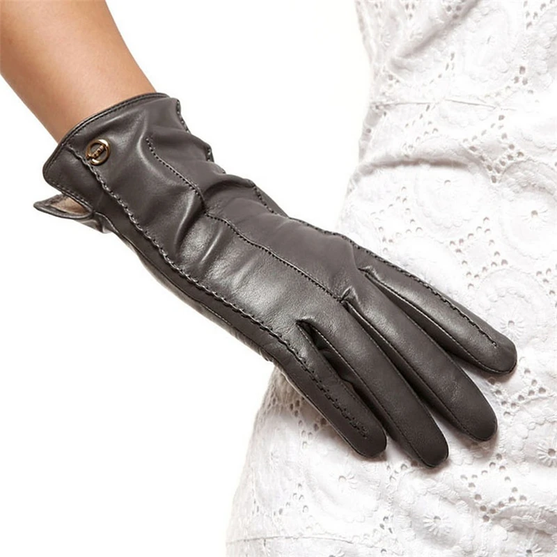 Brand Genuine Leather Gloves High Quality Women Sheepskin Glove Fashion Trend Winter Warm Driving Leather Gloves EL023NR