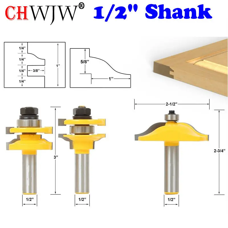 

3pcs Rail & Stile With Panel Bit Router Bit Set - Ogee - 1/2" Shank Woodworking cutter Tenon Cutter for Woodworking Tools