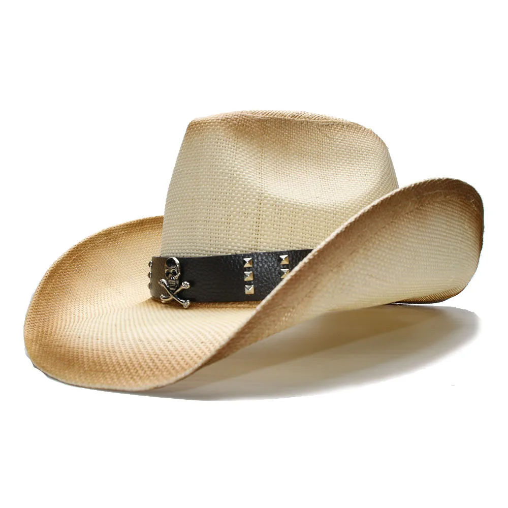 

LUCKYLIANJI Retro Beige Summer Fashion Women Men's Wide Brim Straw Beach Cowboy Cowgirl Western Hat Skull Leather Band 58cm