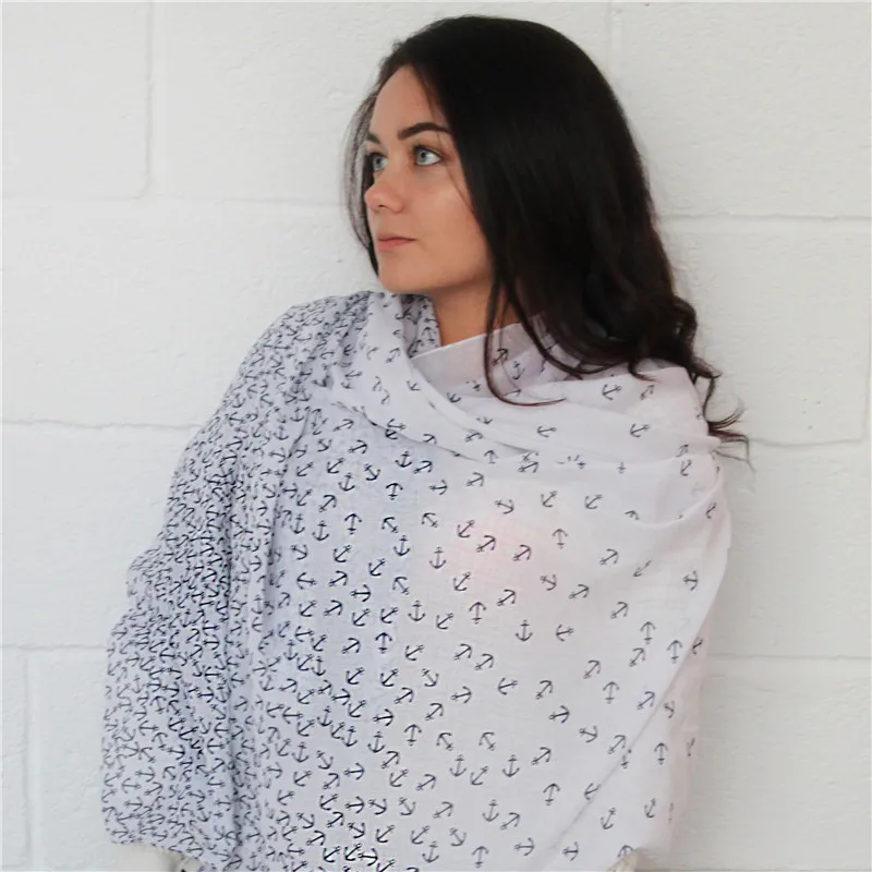 Jinjin.QC Anchor Printed Fashion Women Scarf Blue and White Hijab Vintage Shawl Bandana Girl Bufanda Mujer Echarpe Foulard Femme