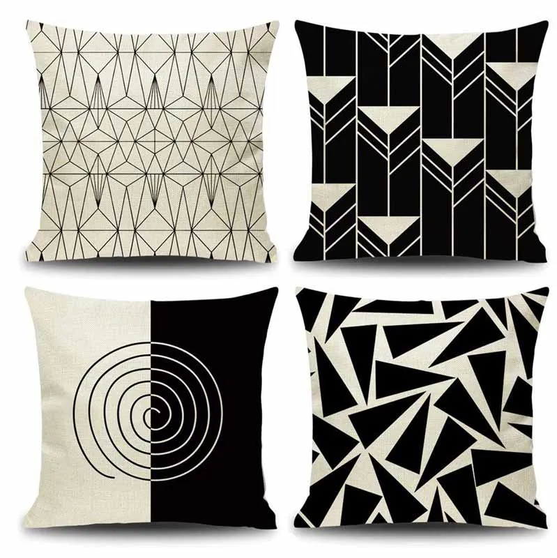 Beige and Black Geometric Decorative Throw Pillows Cushion Covers Cotton Linen Modern Geometry Print Home Pillowcases 18X18 Inch