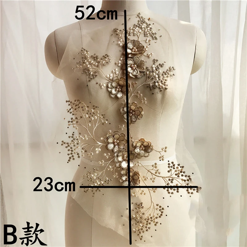 1 Piece Embroidered Lace Applique 3D Flower Pearls Fabric DIY Clothes Sewing Craft Lace Trim Decoration Champagne Smoke Gray