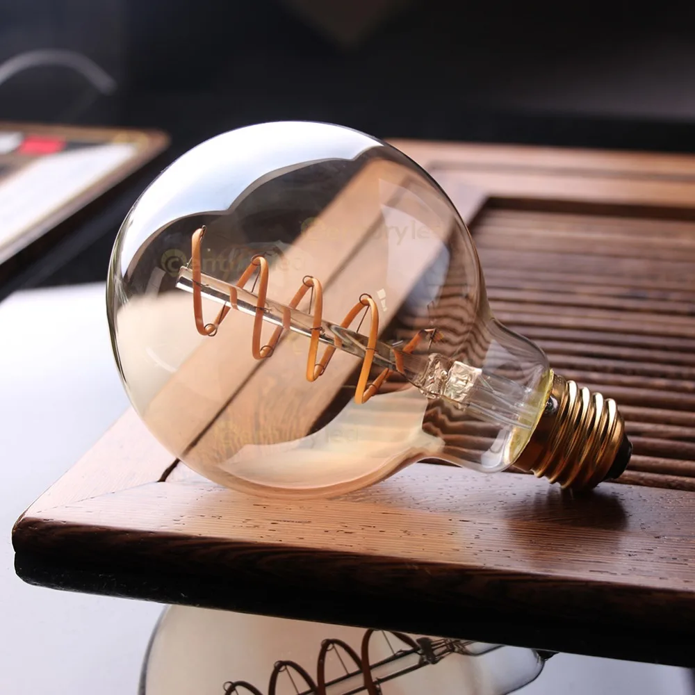 Grensk Filament Lamp Dimmable Spiral Edison G95 3W Amber Globe Glass Led Bulb 2200k E26 110V E27 220V Gold Decorative Light Bulb