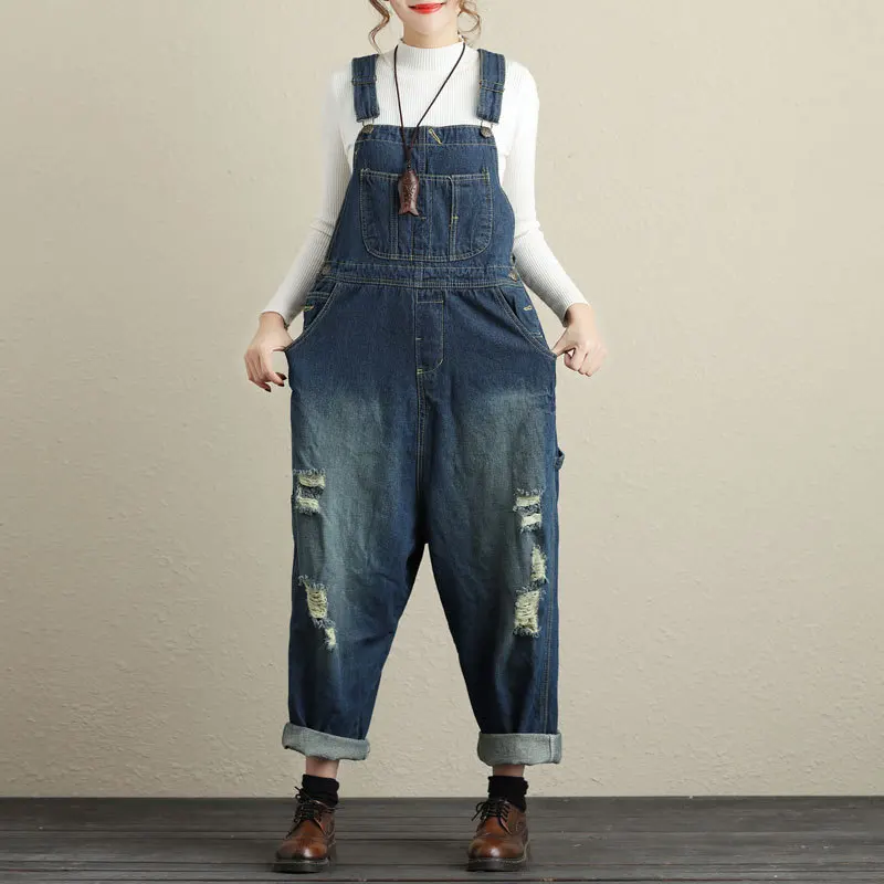 

Women's denim bib overalls Hip-Hop hole ripped Wide leg pants Oversized jean Jumpsuit Low Drop Crotch Suspender Trousers G11172