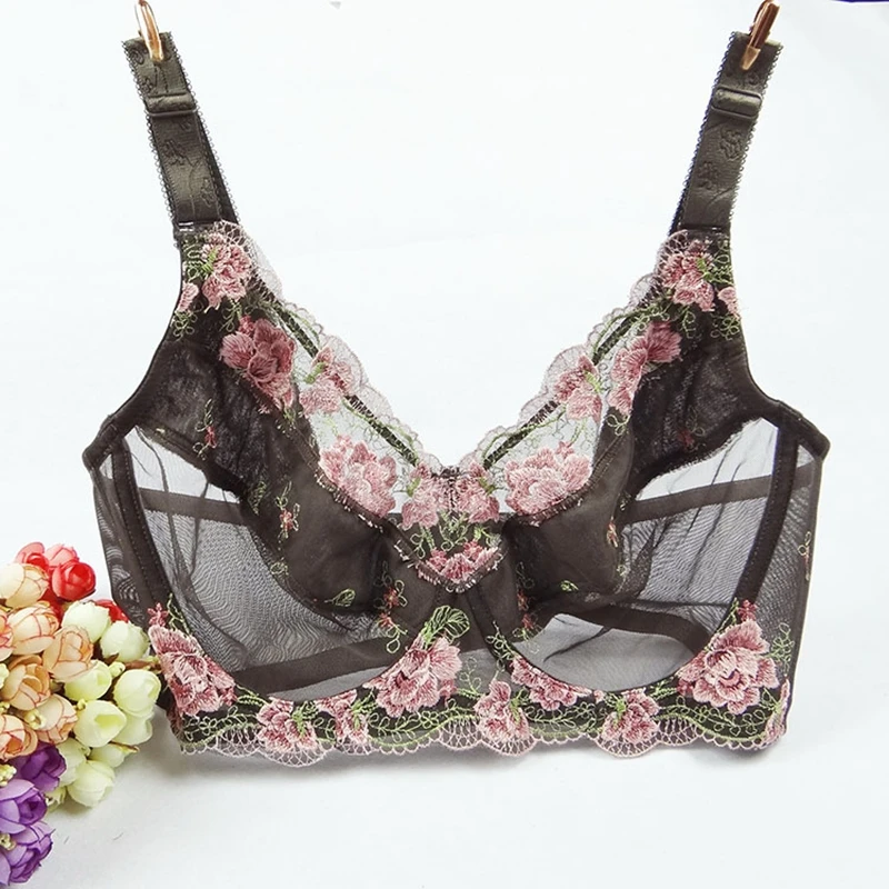 New  Summer Style Steel Ring Thin Big Size Plus Size  lace Embroidery Underwear Women Sexy Brassiere Gather Adjustable Bras