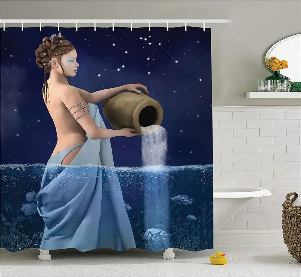 Aquarius Lady with Pail in The Sea Water Signs Saturn Mystry at Night Stars Bathroom Accessories Blue Dark