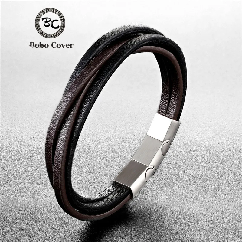 Bobo Cover New Fashion quality Leather Rope Bracelet Men Stainless Steel Buckle Women Braid Multilayer Wrap Charm Bracelet homme