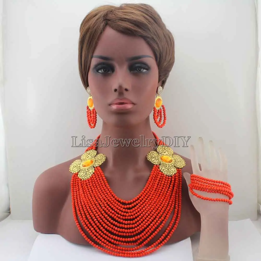 

Luxury 15layers Flower Coral African Nigerian Wedding Beads Jewelry Set Bridal Jewelry Sets Free Shipping HD7881