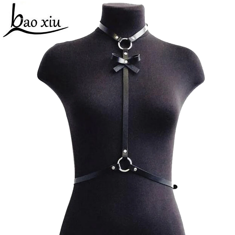 

Sexy Women suspenders Black leather harajuku gothic belts lingerie Bowknot bondage holographic harness for chest Women Belts