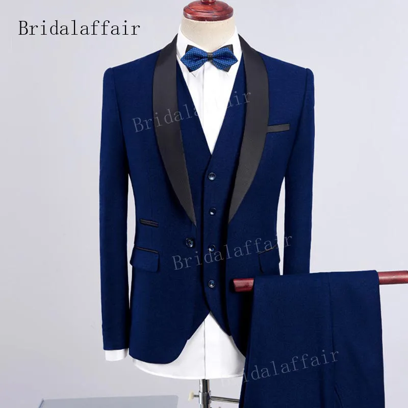 

Bridalaffair Navy Blue Men Wedding Tuxedo Slim Fit Men Suit Set 3 pieces Mens Formal Blazer Coat Pants Vest Costume Homme Solid