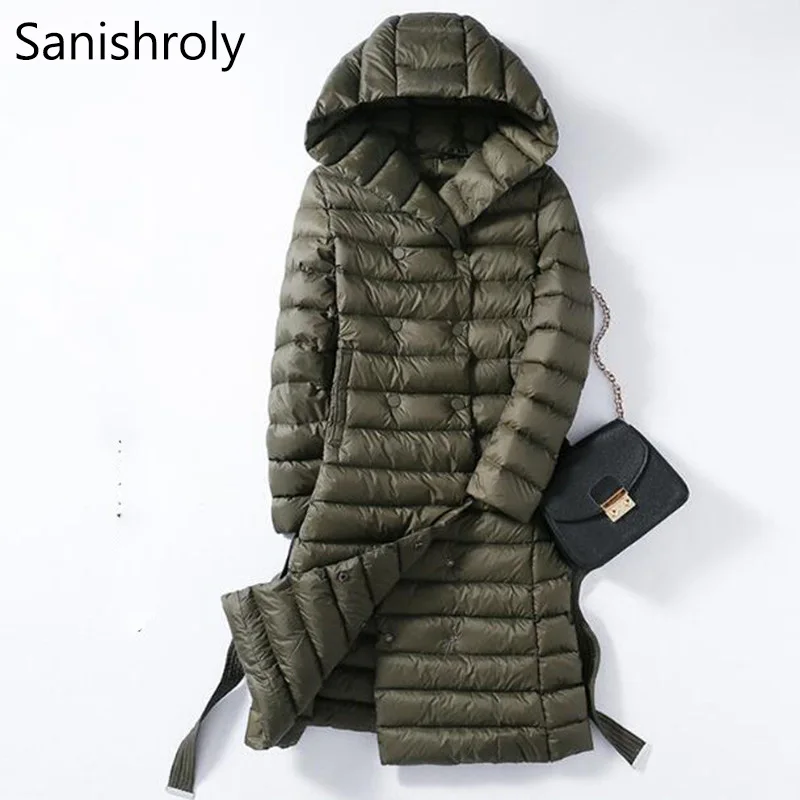 Sanishroly 2022 Winter White Duck Down Puffer Jacket Women Long Ultra Light Down Coat Parkas Female Hooded Outerwear With Belt