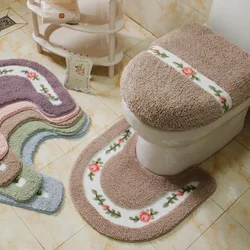 Alfombra de baño de estilo Pastoral con patrón de flores, juego de alfombras de inodoro en forma de U, decoración de piso, juego de alfombrillas de baño, cubierta de tapa de inodoro de fibra