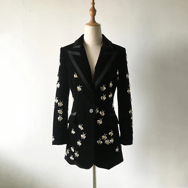 2022 Top Fashion Women\'s High Street Luxury Black Velvet Blazers Notched Animal Bee Beading Fit Blazer Coat