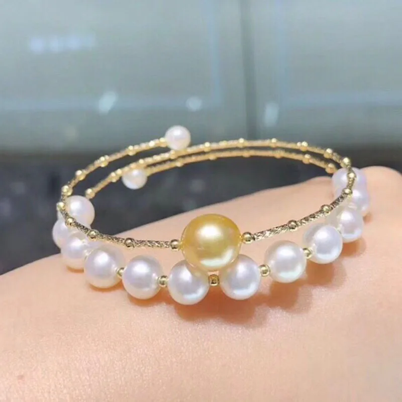 

Women Girl Mom Lover Natural Golden Pearls and White pearls Sinya Pure 18k AU750 Gold Beads Tube Bangles Bracelet