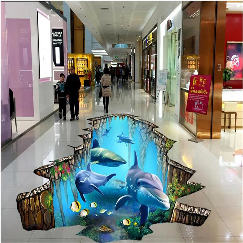 beibehang 3d dolphin dolphin painting 3d floor painting 3d wall stickers dolphin painting floor wallpaper papel de parede