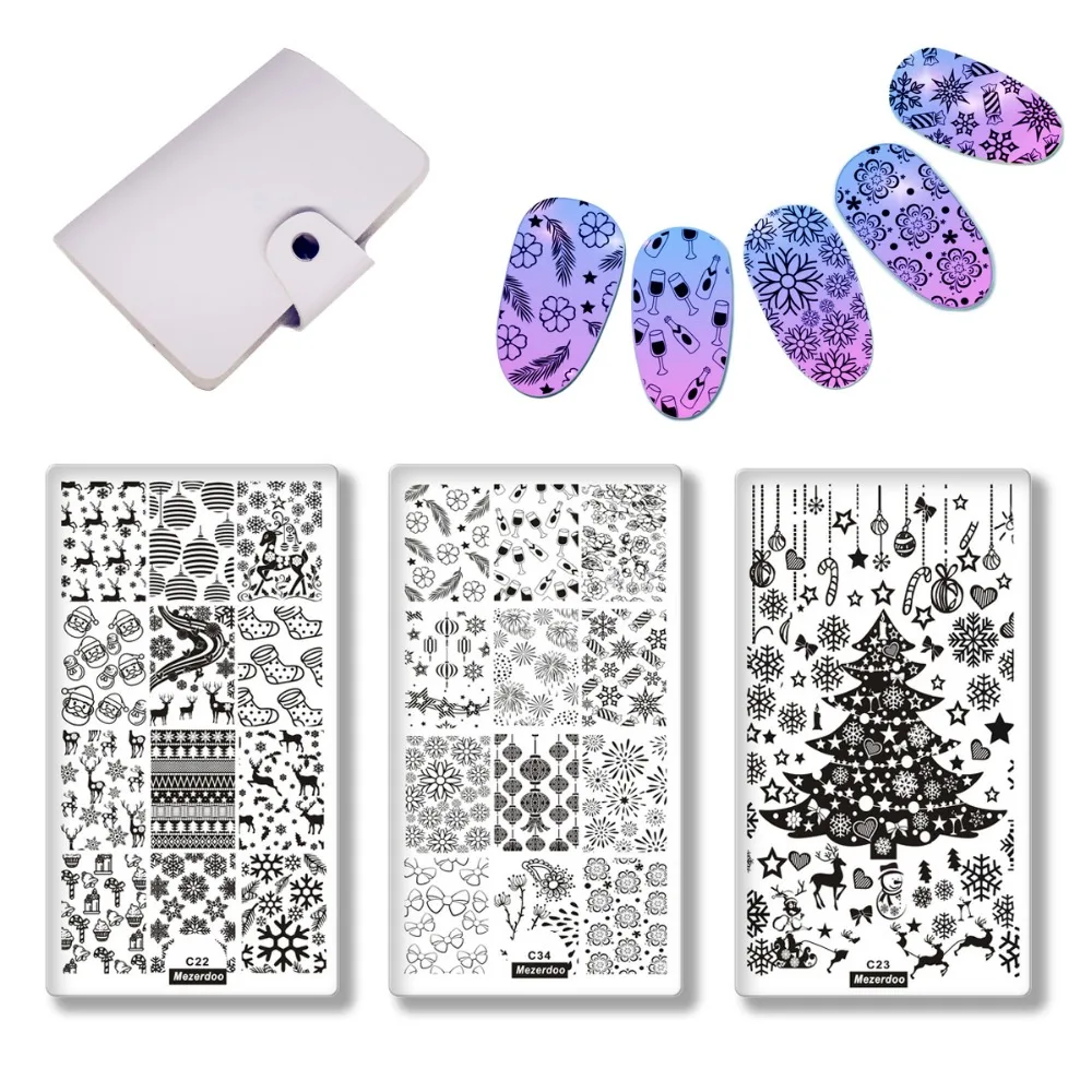 Festive Stamping Nail Art Plate Fireworks Snowflake Stamp Image Template Stencil Sets W/ Nails Templates Plates Case Diy 4pc/set