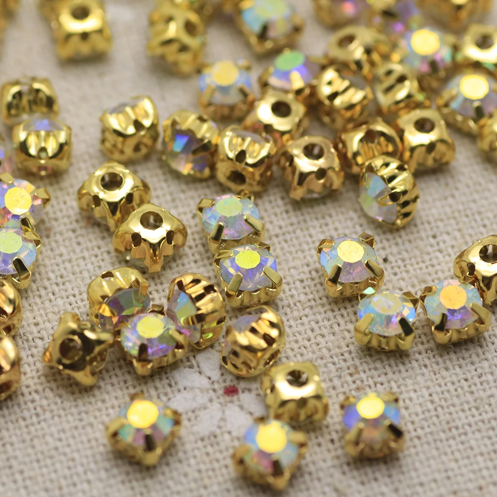 100pcs 6mm Colorful Mix color Gold Base Sew On Stone With Claws Plated Setting Chatons Crystal Glass Stones Dress Decoration