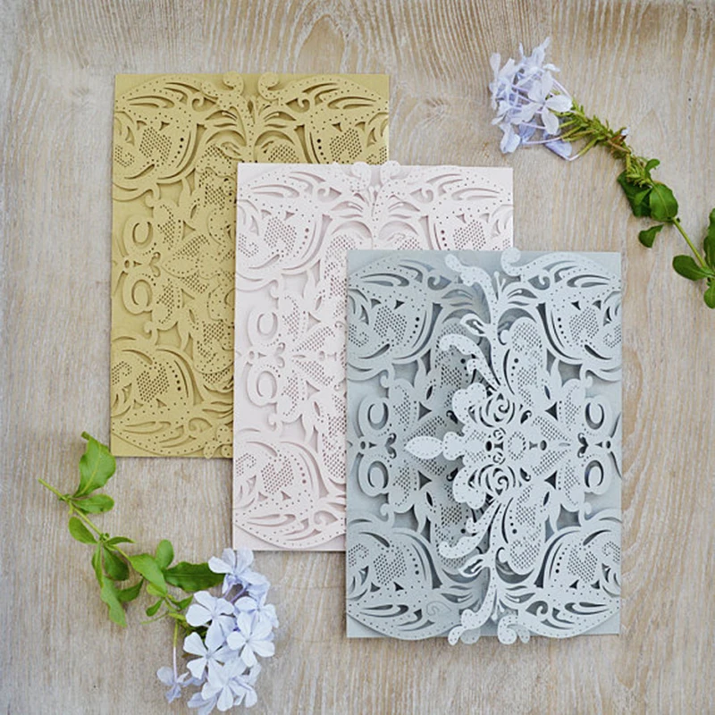 

100pcs Laser Cut Wedding Invitations Gatefold DIY Exquisite Elegant Lace Paper Invite Cover for Wedding Birthday Party Supplies