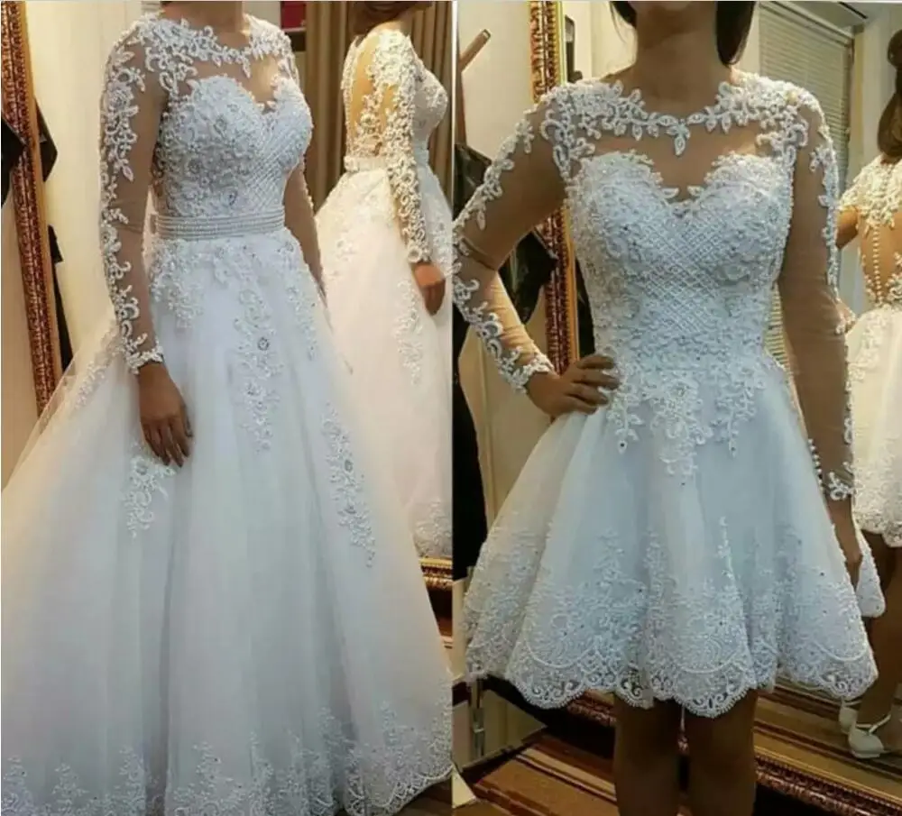 Detachable train Lace Appliques Pearls Bridal Gowns 2 en 1 Vestido De Noiva Illusion Ball Gown Wedding Dresses 2019 Custom Size