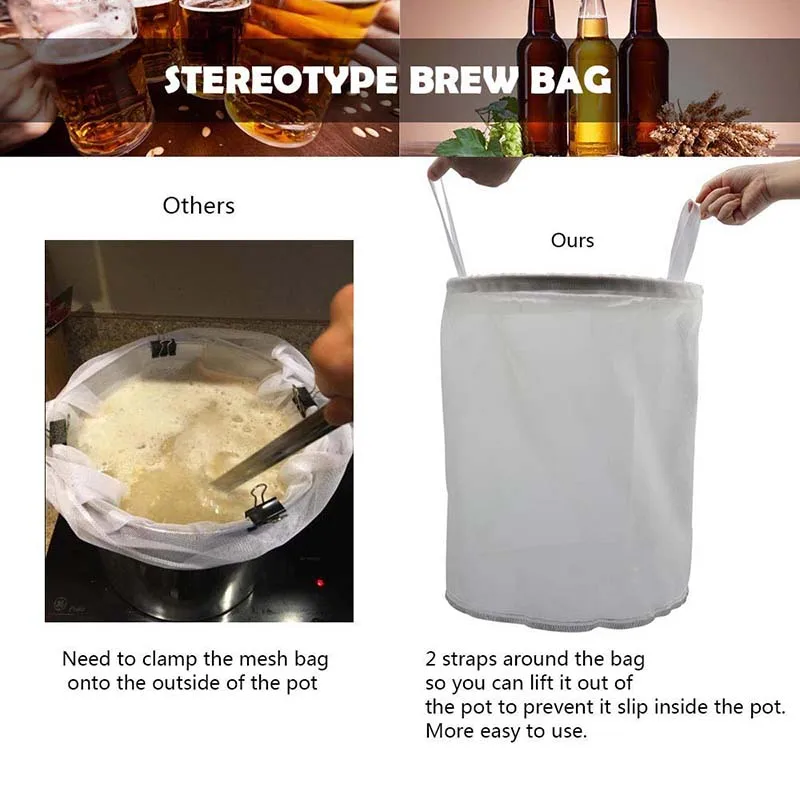 Home Brewing 30 Mesh Food grade Nylon Bucket Filter Bag,Beer Wine Residue Separation Bag with Stainless Steel Ring