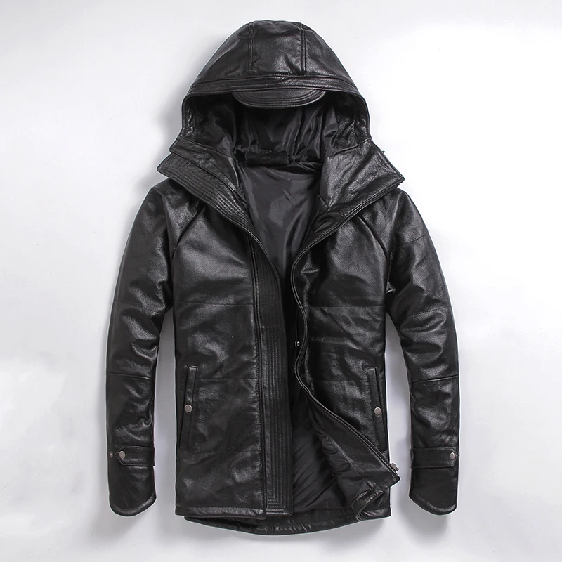 

Men's genuine cow leather coat cotton padded casual jacket parkas with a hood hat black for male plus big size xxxxxl 4xl 5xl