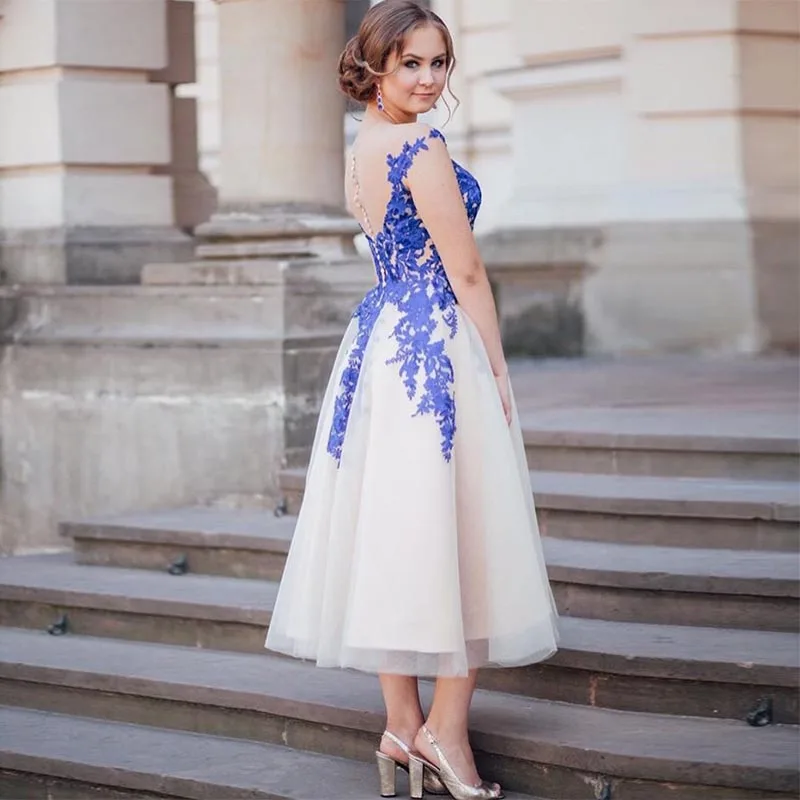 Tea Length Prom Dresses Royal Blue Appliques Champagne Tulle Women Formal Party Gowns Cap Sleeves Short Prom Gowns Illusion Back