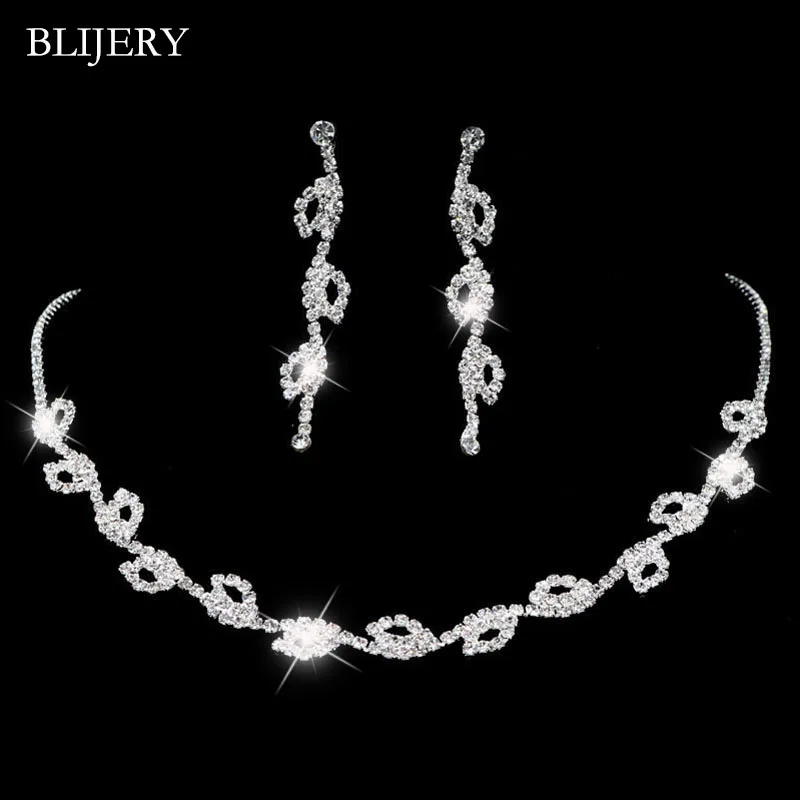 BLIJERY Sparkling Crystal Bridal Jewelry Sets Silver Color Rhinestone Leaves Choker Necklace Earrings Set Wedding Jewelry Sets