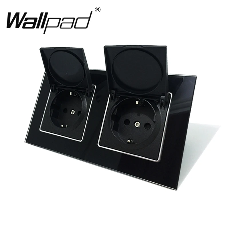 

Double Dust Cap EU European Schuko Wall Socket with Claws Clips Outlet with Cover Wallpad Black Crystal Glass Panel 110V-250V